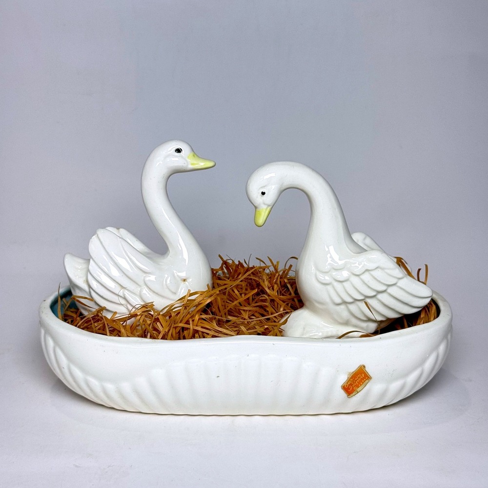 Vintage Our Own Import Japan Ceramic Swan Figurine Set 3pc White Mid Century Box